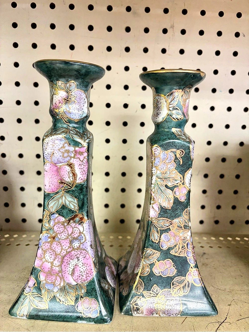 Vintage Floral Pair Candlestick Holders in Green & Pink